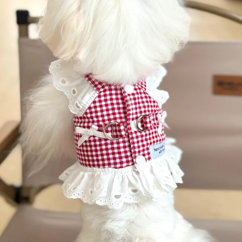 Pet Dog Clothes Lace Skirt Pastoral Style Black Plaid Harness Puppy Dresses Universal Harness Tractionable Retro Princess Dress