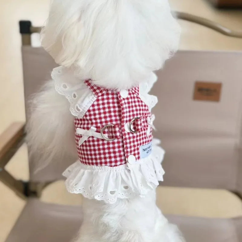 Pet Dog Clothes Lace Skirt Pastoral Style Black Plaid Harness Puppy Dresses Universal Harness Tractionable Retro Princess Dress
