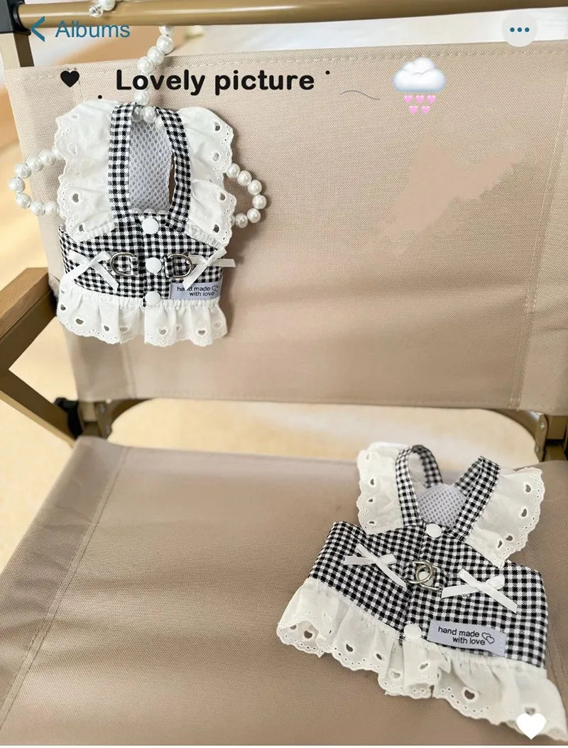 Pet Dog Clothes Lace Skirt Pastoral Style Black Plaid Harness Puppy Dresses Universal Harness Tractionable Retro Princess Dress