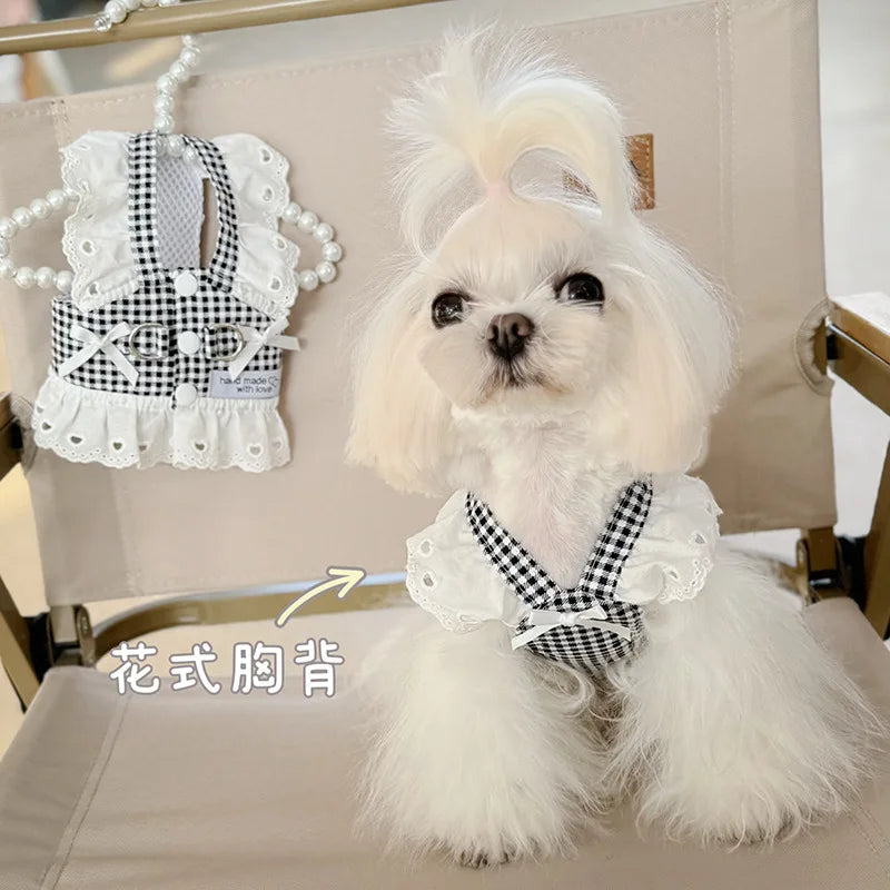 Pet Dog Clothes Lace Skirt Pastoral Style Black Plaid Harness Puppy Dresses Universal Harness Tractionable Retro Princess Dress