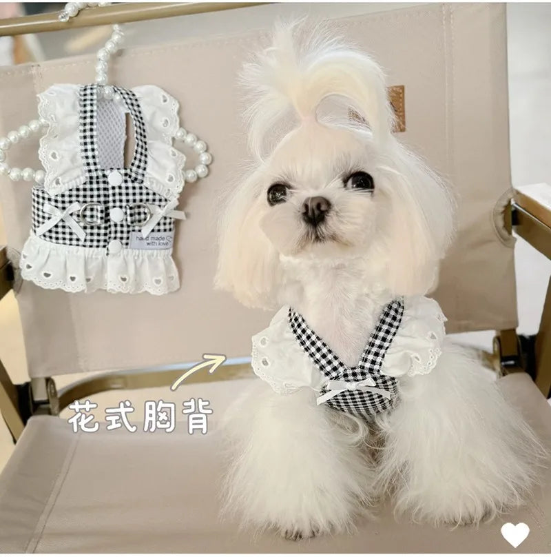 Pet Dog Clothes Lace Skirt Pastoral Style Black Plaid Harness Puppy Dresses Universal Harness Tractionable Retro Princess Dress