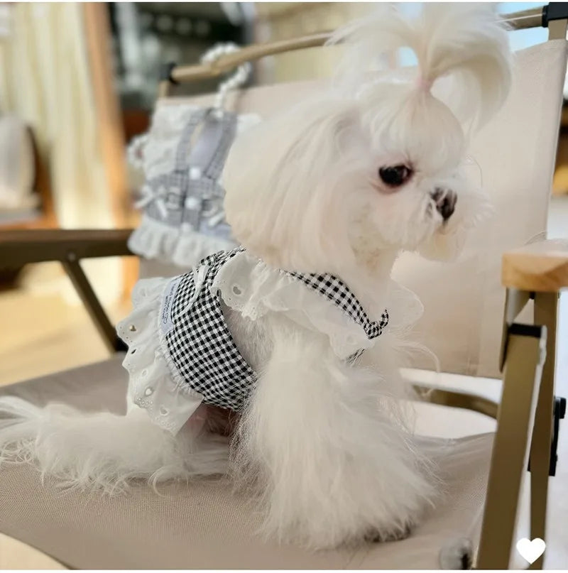 Pet Dog Clothes Lace Skirt Pastoral Style Black Plaid Harness Puppy Dresses Universal Harness Tractionable Retro Princess Dress