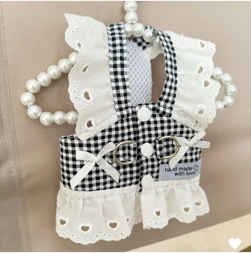 Pet Dog Clothes Lace Skirt Pastoral Style Black Plaid Harness Puppy Dresses Universal Harness Tractionable Retro Princess Dress