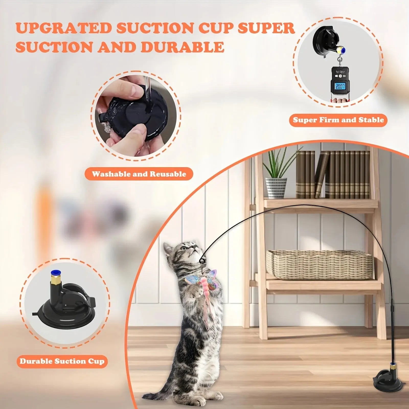 Cat Teaser Toy - Interactive Bell &amp; Feather Wand - Long Suction Cup Pole for Exciting Playtime Adventures - Ultimate Cat Toy