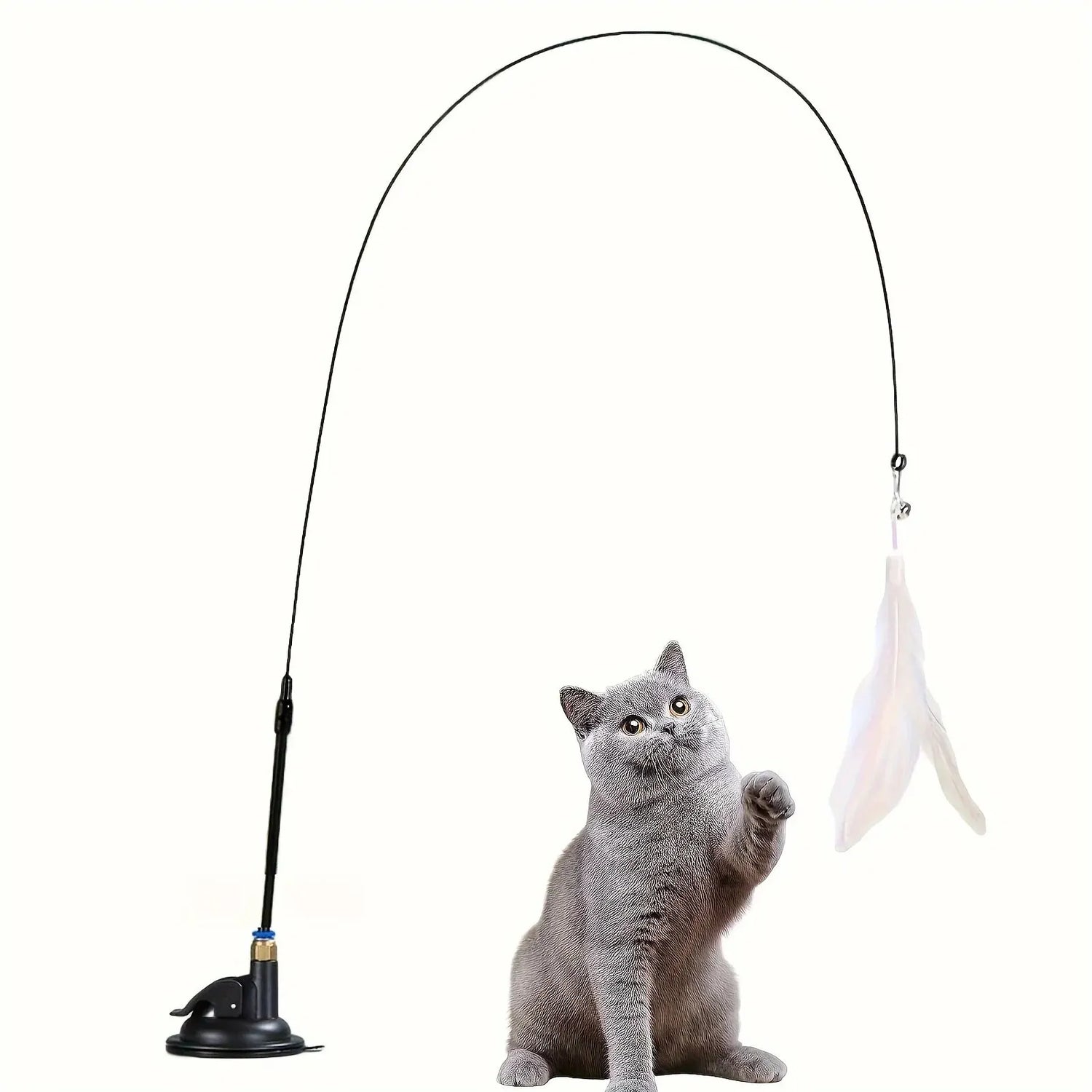 Cat Teaser Toy - Interactive Bell &amp; Feather Wand - Long Suction Cup Pole for Exciting Playtime Adventures - Ultimate Cat Toy