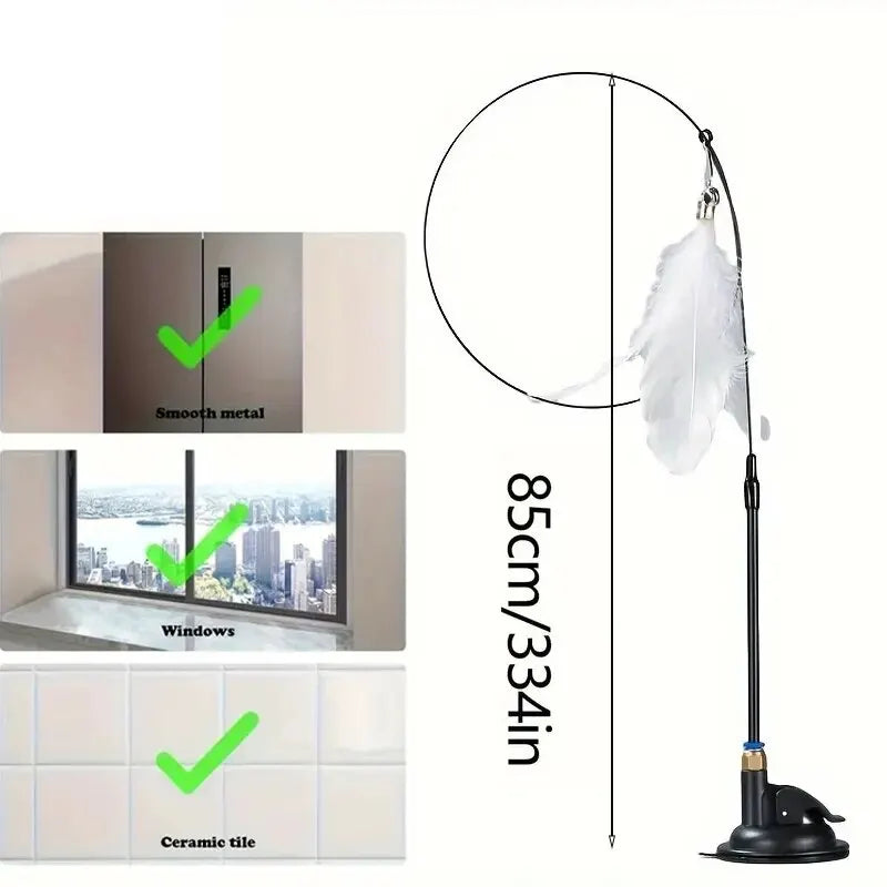Cat Teaser Toy - Interactive Bell &amp; Feather Wand - Long Suction Cup Pole for Exciting Playtime Adventures - Ultimate Cat Toy