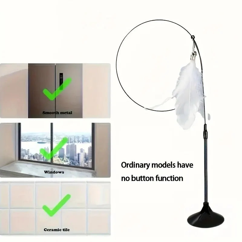 Cat Teaser Toy - Interactive Bell &amp; Feather Wand - Long Suction Cup Pole for Exciting Playtime Adventures - Ultimate Cat Toy