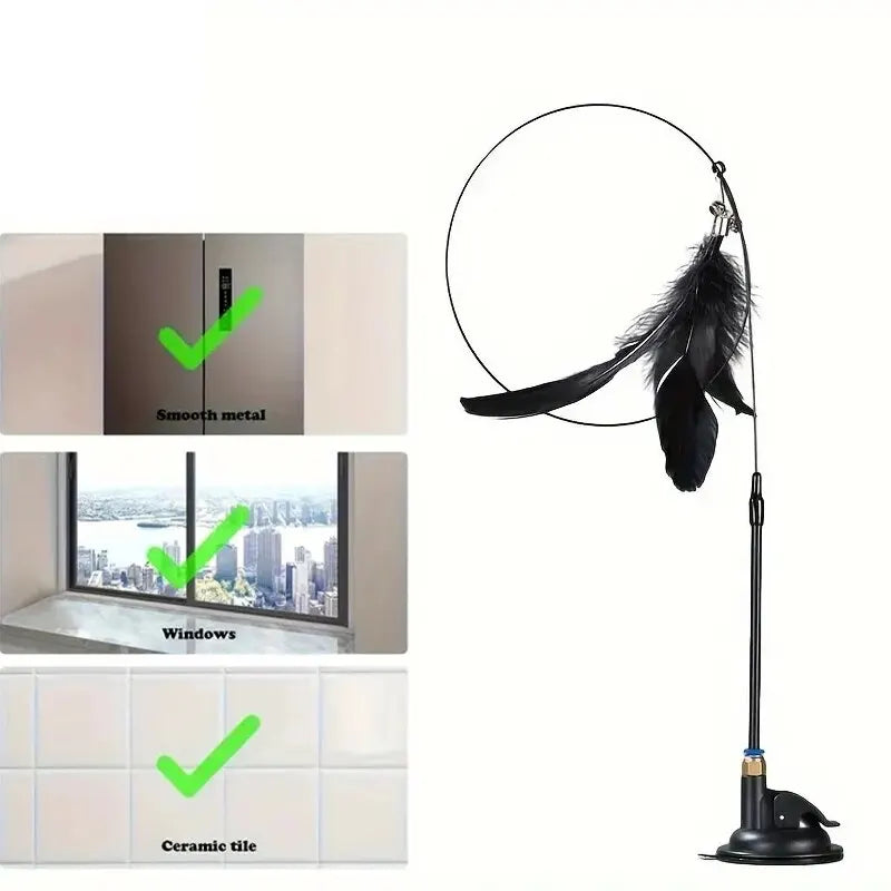 Cat Teaser Toy - Interactive Bell &amp; Feather Wand - Long Suction Cup Pole for Exciting Playtime Adventures - Ultimate Cat Toy