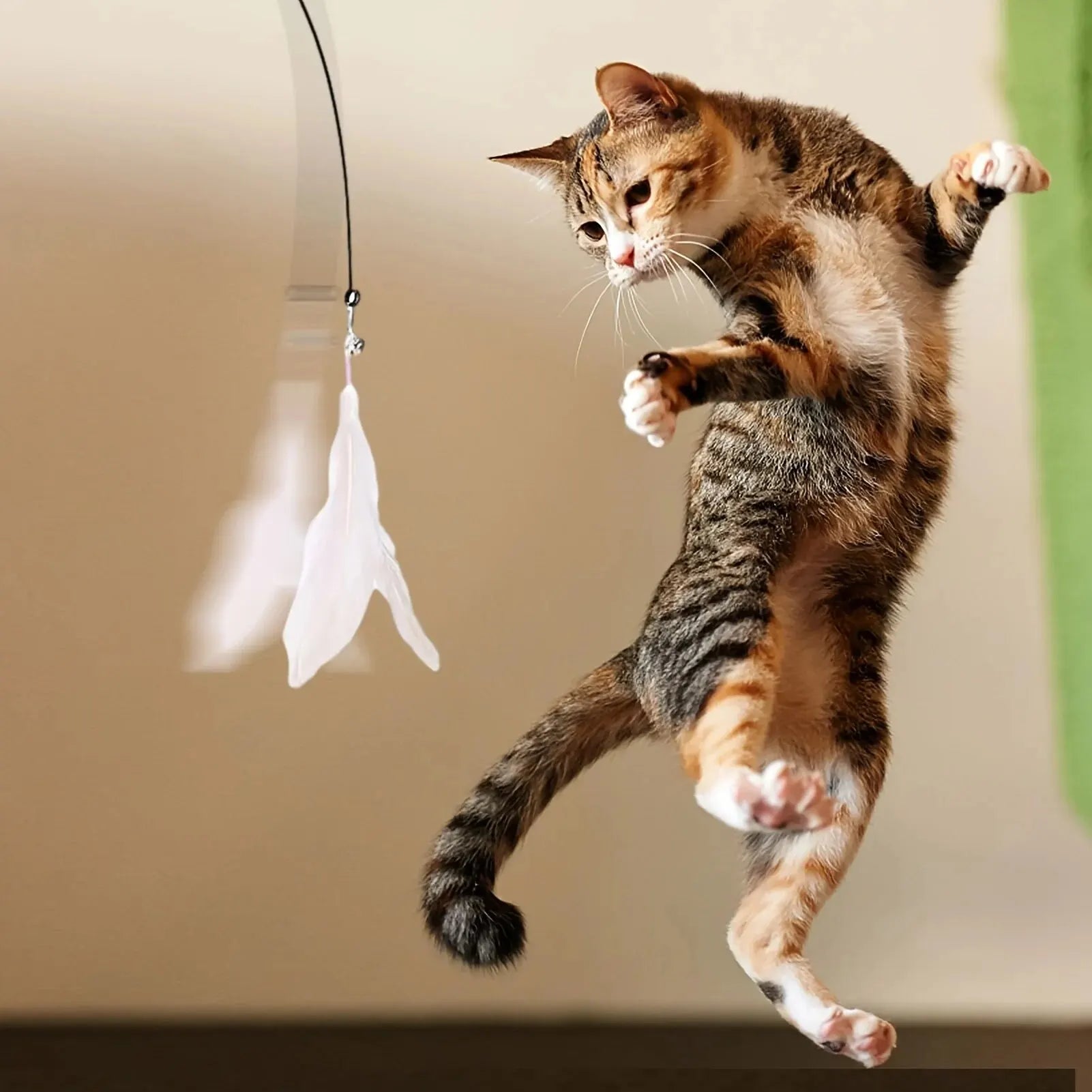 Cat Teaser Toy - Interactive Bell &amp; Feather Wand - Long Suction Cup Pole for Exciting Playtime Adventures - Ultimate Cat Toy