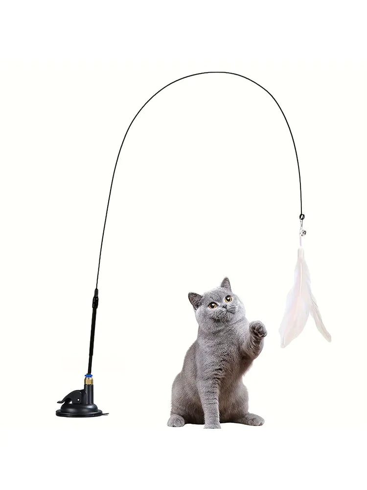 Cat Teaser Toy - Interactive Bell &amp; Feather Wand - Long Suction Cup Pole for Exciting Playtime Adventures - Ultimate Cat Toy