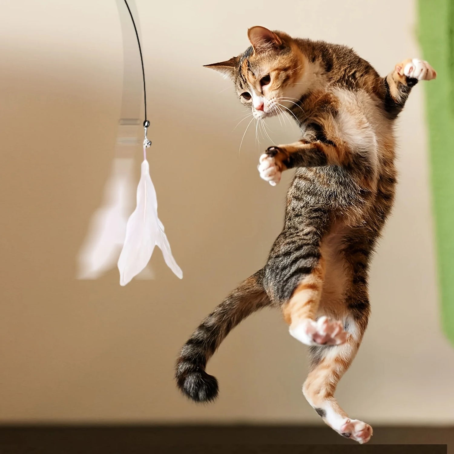 Cat Teaser Toy - Interactive Bell &amp; Feather Wand - Long Suction Cup Pole for Exciting Playtime Adventures - Ultimate Cat Toy