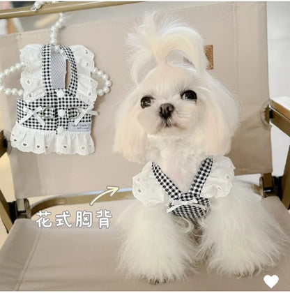 Pet Dog Clothes Lace Skirt Pastoral Style Black Plaid  Harness Puppy Dresses Universal Harness Tractionable Retro Princess Dress