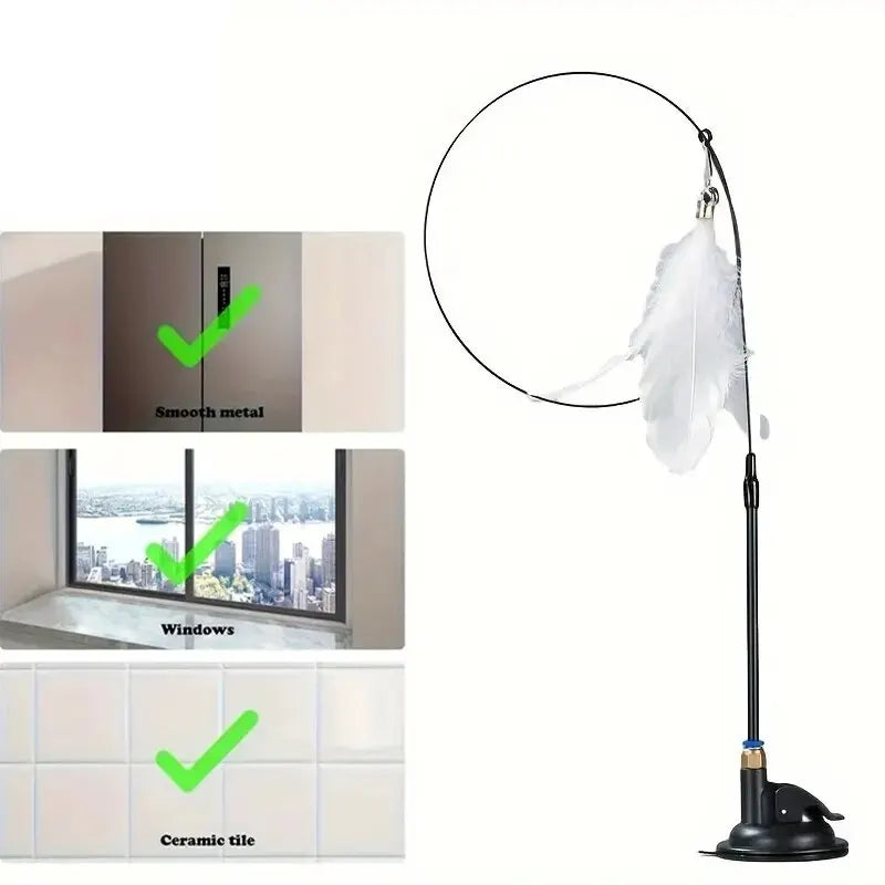 Cat Teaser Toy - Interactive Bell &amp; Feather Wand - Long Suction Cup Pole for Exciting Playtime Adventures - Ultimate Cat Toy
