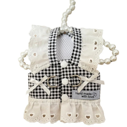 Pet Dog Clothes Lace Skirt Pastoral Style Black Plaid  Harness Puppy Dresses Universal Harness Tractionable Retro Princess Dress