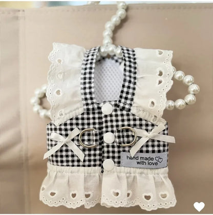 Pet Dog Clothes Lace Skirt Pastoral Style Black Plaid  Harness Puppy Dresses Universal Harness Tractionable Retro Princess Dress